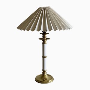 Hollywood Regency Brass Table Lamp with White Lacquered Stem, 1970s