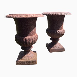 Vintage French Campana Style Cast Iron Garden Urns, 1970s, Set of 2