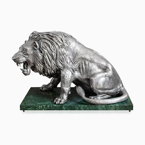 20th Century Italian Silver Statue of a Lion on Marble Base, 1970s