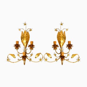 Italian Gold Plated Floral Regency Murano Glass Sconces, 1980s, Set of 2