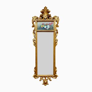 French Gilt Carved Wall Mirror in French Rococo Style with Oil Painting of Floral Motifs, 1920s