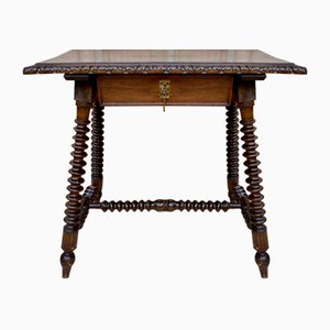 Mid 20th Century French Walnut Carved Side Table with Turned Legs and Stretcher, 1940s