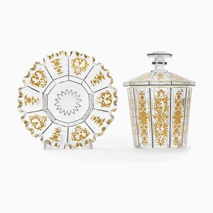 Vintage Directoire Vase aus Kristallglas & Gold mit Teller, 2 . Set