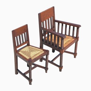 Turned Oak and Rope Dining Chairs & Armchairs, 1940s, Set of 7