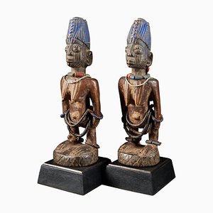 Nigerian Yoruba Artist, Ibeji Twin Figures, Wood with Glass Details