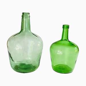 Antique French Set of Two Glass Bottles Green Color from France, 1950, Set of 2