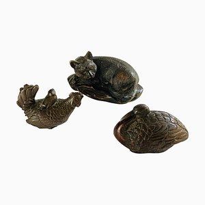 Set di 3 sculture di animali in bronzo nero marrone, Francia, 1900, 1890, set di 3