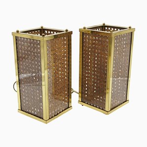 Brass Acrylic Glass and Vienna Woven Cane Table Lamps in the style of Dior, 1970s, Set of 2