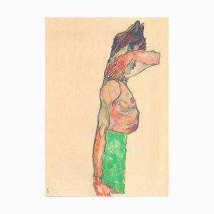 Schiele, Desnudo masculino con tela verde, Litografía, 1990