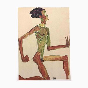 Schiele, Nudo maschile inginocchiato di profilo, Litografia, 2007
