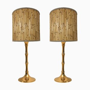 Lámparas de mesa de latón dorado y madera atribuidas a Ingo Maurer, Europa, Alemania, 1968. Juego de 2