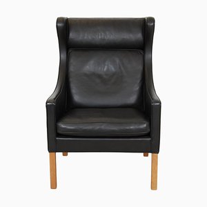 Wingchair in Patinated Black Leather by Børge Mogensen for Fredericia, 1980s