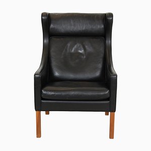 Wingchair in Patinated Black Leather by Børge Mogensen for Fredericia, 1980s