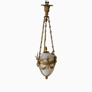 Lampe à Suspension Vintage en Bronze Doré et Globe en Verre Opalin, 1920s