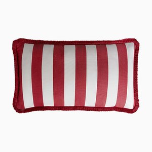 Striped Outdoor Happy Cushion Cover in Red and White with Fringes from Lo Decor