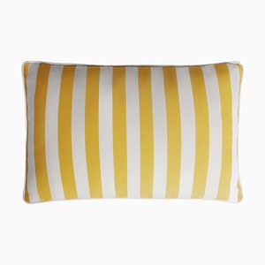 Striped Outdoor Happy Cushion Cover in Yellow and White with Piping from Lo Decor