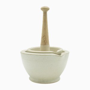 Small English Victorian Mortar and Pestle in Ceramic and Beech, 1890s, Set of 3