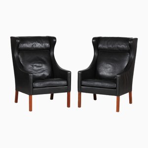 Model 2204 Chairs in Black Leather by Børge Mogensen for Fredericia Stolfabrik, 1970s, Set of 2