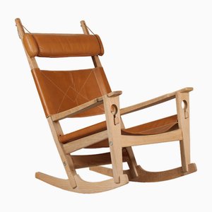 GE 673 Nøglehullet Rocking Chair in Oak and Leather by Hans J. Wegner for Getama, 1970s