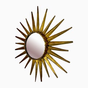 Italian Sun Mirror in Gilded Metal with Gold Leaf, 1960