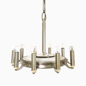 Art Deco Style 10-Light Round Varnished Metal Chandelier, Italy, 1950s
