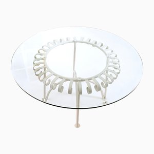 White Varnished Metal Coffee Table with Round Glass Top, Italy, 1950s