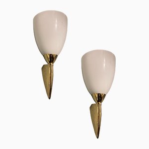 Italian Brass and Opaline Glass Sconces, 1970s, Set of 2