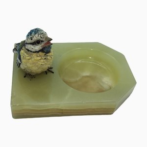 Antique Onyx Ashtray with Painted Bronze Bird