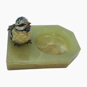 Cendrier Antique en Onyx avec Oiseau en Bronze Peint