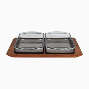 Modern Danish Teak Serving Tray with Glass Bowls by Wiggers, Denmark, 1960s, Set of 3
