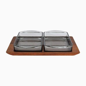Vassoi da portata moderno in teak con ciotole in vetro di Wiggers, Danimarca, anni '60, set di 3