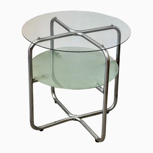 Tavolino rotondo tubolare con doppio ripiano in vetro di Marcel Breuer per Thonet