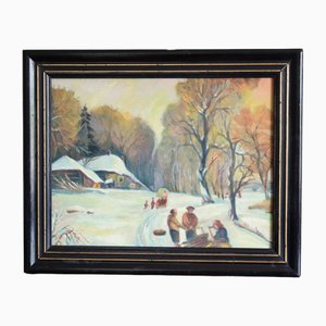 Ingenuo artista di scuola austriaca, paesaggio invernale, inizio XX secolo, olio su tavola, con cornice