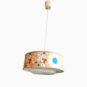Vintage Ceiling Lamp with Colored Fabric Screen with Flower Decor and Plastic Difusor, 1970s