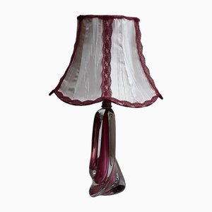 Vintage Belgian Table Lamp with Red Undertaking Block Glass Foot & White Fabric Umbrella with Red Edges of Christalleries De Val St Lambert, 1970s