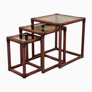 Tables Triptyques en Bambou et Cuir, 1970s, Set de 3