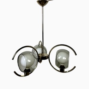 Vintage Chandelier in Brass with 3 Globes Smoked Glass, 1970s