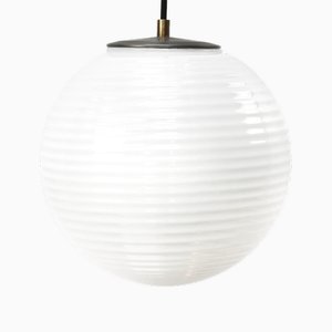 Mid-Century Pendant Light in White Opaline Glass with Iron Top