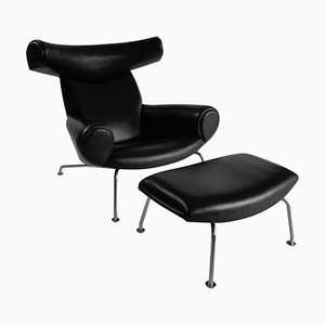 Easy Chair Ap46 and Stool Ap49 in Original Black Leather by Hans Wegner for Ap Stolen, Denmark, 1960s, Set of 2