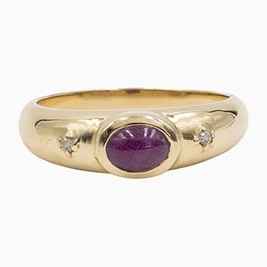 Vintage 14k Yellow Gold Cabochon Ruby ​​and Diamond Ring, 1970s