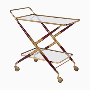 Italian Serving Bar Cart in Brass and Red Wood attributed to Cesare Lacca, 1950s