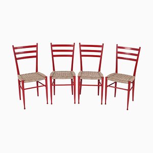 Chiavarine Chairs in Red Stained Beech and Bamboo Rope, Italy, 1950s, Set of 4