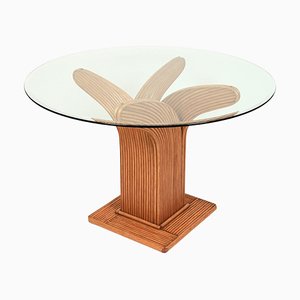 Mesa de comedor italiana redonda de ratán de bambú y vidrio de Vivai Del Sud, años 70