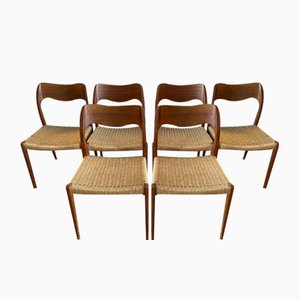 Vintage Danish Model 71 Dining Chairs in Teak and Paper Cord by Niels Otto Moller for JL Moller, 1940s, Set of 6