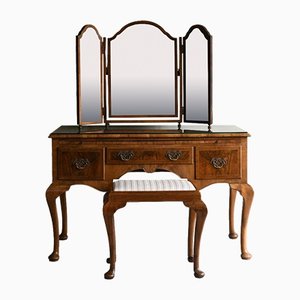 Queen Anne Style Dressing Table and Stool in Walnut, Set of 2