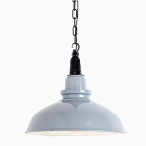 Grey Enamel Factory Pendant Lights with Black Fittings by Thorlux, 1930s