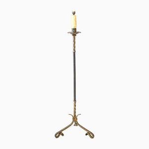 Lámpara de pie española Mid-Century de metal dorado y cuero