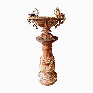 Weathered Cast Iron Urn and Pedestal, 1970, Set of 2