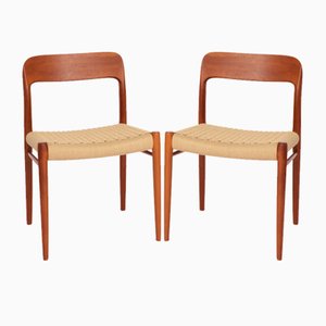 Vintage Model 75 Dining Chairs in Teak with Papercord Seats by Niels Otto Møller for J.L. Møllers, Denmark, 1950s, Set of 2