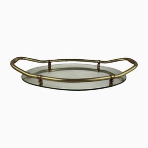 Large Oval Brass and Mirror Tray, Italy, 1940s